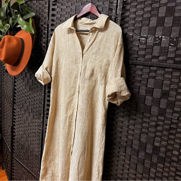 Faherty linen striped duster style midi T-shirt dress size medium khaki white - Picture 6 of 8